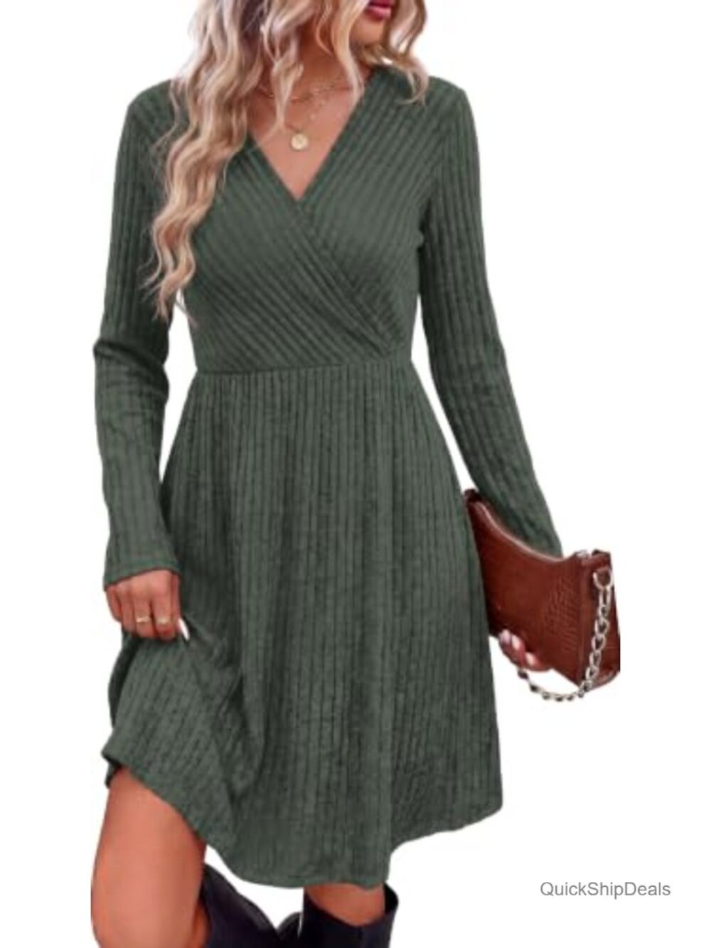 Ribbed Knit Wrap Sweater Dress Long Sleeve V-Neck Knee Length with Pockets